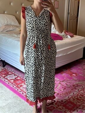 THML Black & White Spotted Midi Dress with Red Accents
